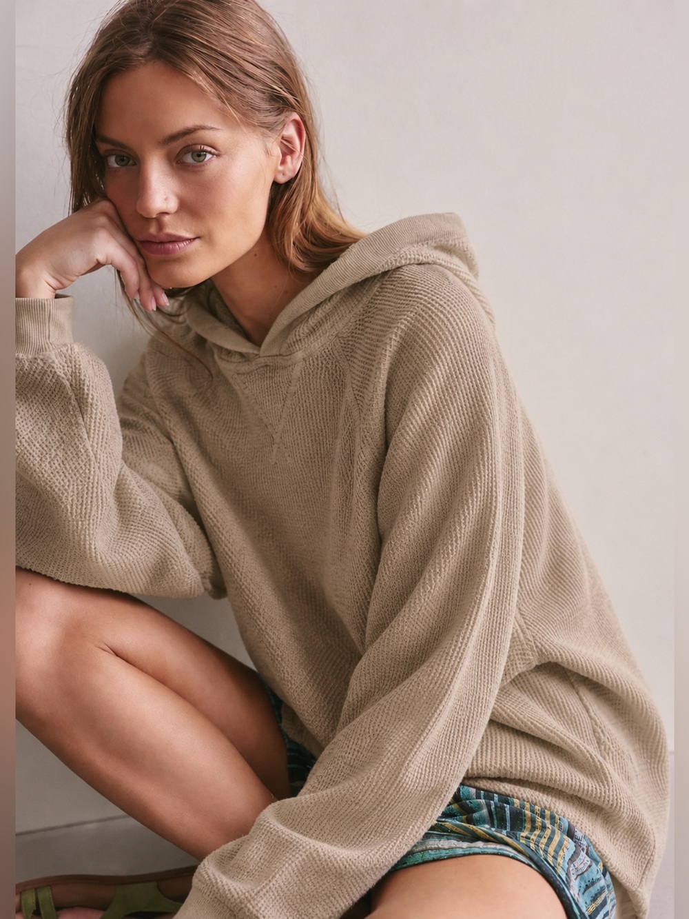TNA waffle long sleeve hooded cotton blend top